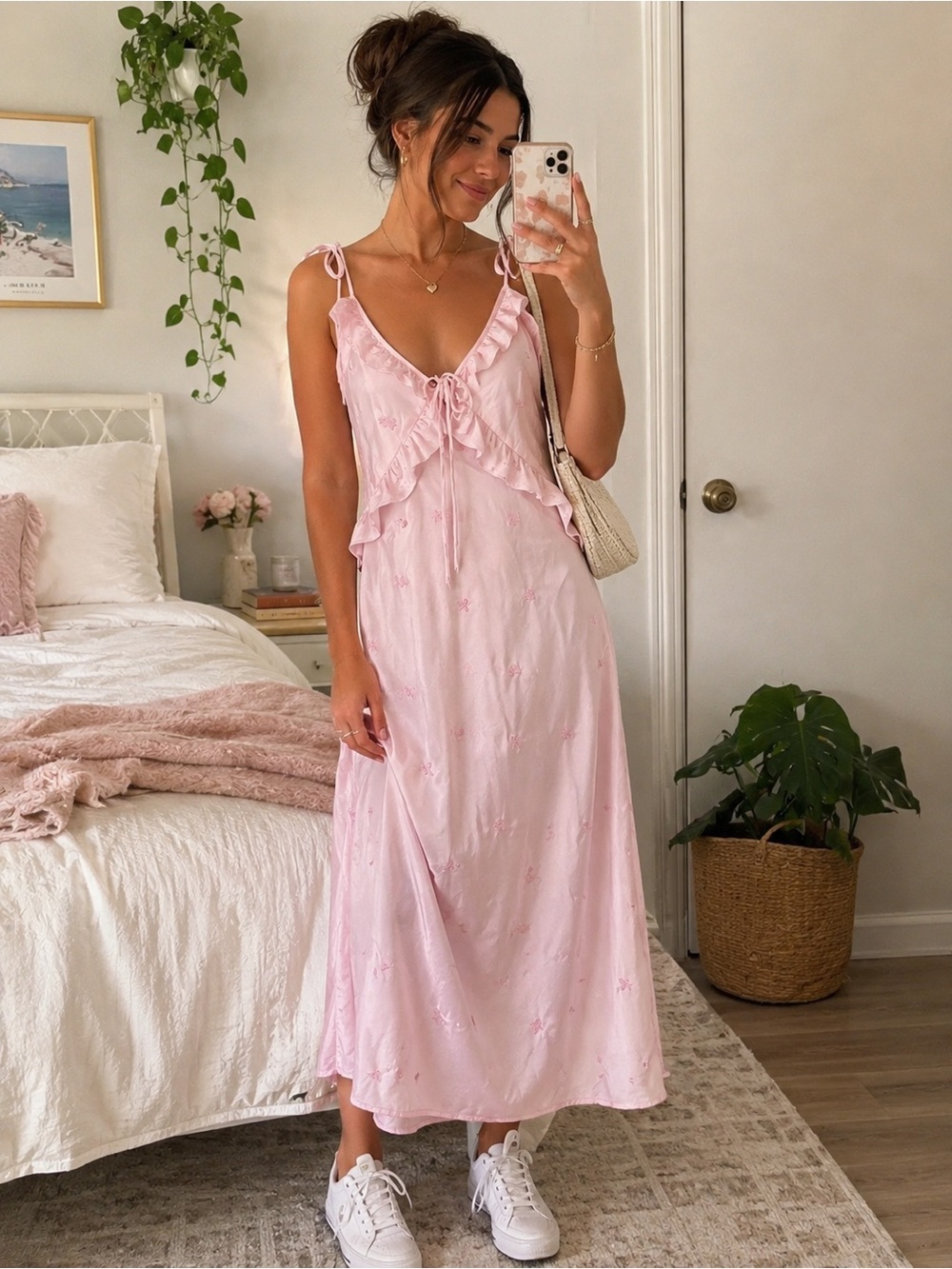 Wild Fable Light Pink Ruffled Tie-Shoulder Maxi Slip Dress